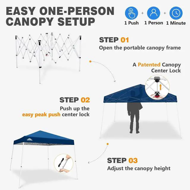 Alt view image 7 of 7 - 10x10 Slant Leg Pop-up Canopy Tent Easy One Person Setup Instant Outdoor Beach Canopy Folding Portable Sports Shelter 10x10 Base 8x8 Top (Dark Blue)