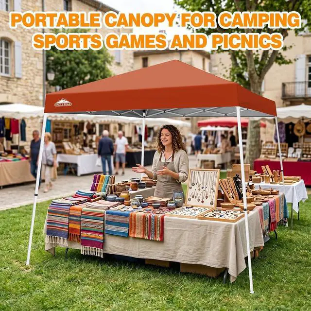 Alt view image 5 of 7 - 10x10 Slant Leg Pop-up Canopy Tent Easy One Person Setup Instant Outdoor Beach Canopy Folding Portable Sports Shelter 10x10 Base 8x8 Top (Brick Red)