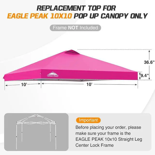 Alt view image 2 of 7 - Replacement Canopy Top for Eagle Peak 10x10 Straight Leg Pop Up Canopy Frame Only, Canopy Cover with Air Vent, UPF 50+, Frame NOT Included, Pink