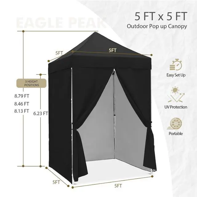 Alt view image 3 of 7 - 5x5 Instant Canopy with 4-Side Wall Panels, Small Pop up Portable Canopy Tent with Carry Bag, Light Weight Sun Shelter for Sports, Camping and Beach, Black