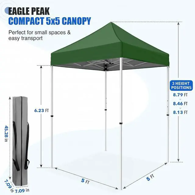Alt view image 3 of 7 - 5x5 Pop Up Canopy Tent Instant Outdoor Canopy Easy Set-up Straight Leg Folding Shelter, Green