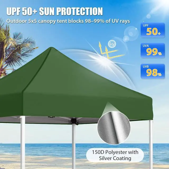 Alt view image 2 of 7 - 5x5 Pop Up Canopy Tent Instant Outdoor Canopy Easy Set-up Straight Leg Folding Shelter, Green