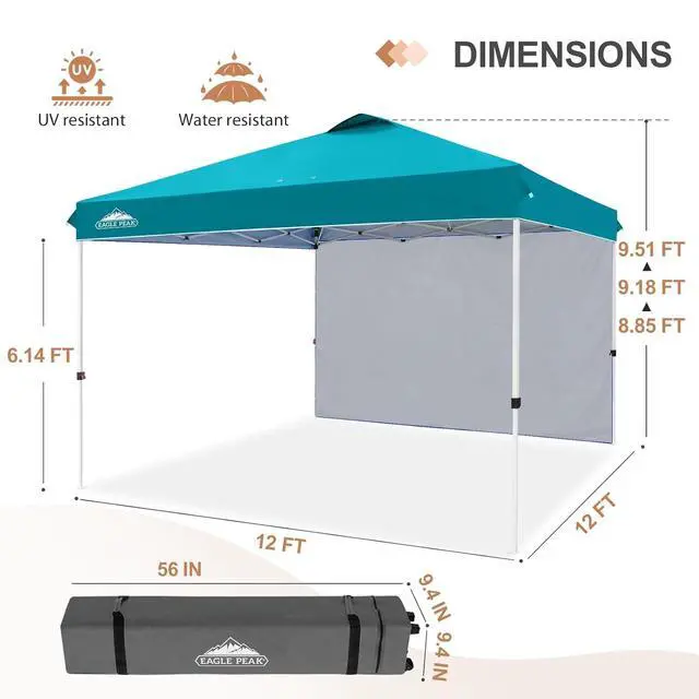 Alt view image 3 of 7 - Commercial Canopy 12x12 Pop Up Canopy Tent with 1 Sidewall, Easy Setup Heavy Duty Instant Event Shelter for Vendors & Markets, Outdoor Sun Shade, Turquoise