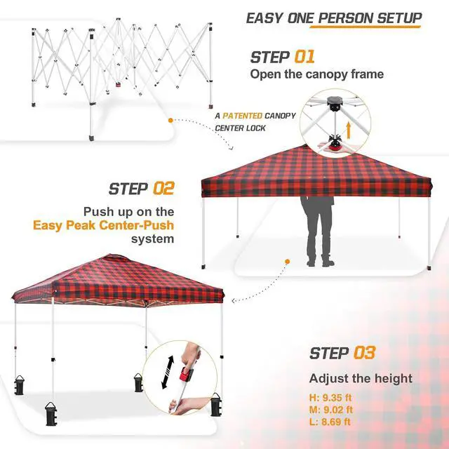 Alt view image 2 of 7 - Pop Up Canopy Tent with Wheeled Carry Bag, 8 Stakes, 4 Ropes, 4 Weight Bags, Easy Set Up Tent Canopy, 10x10 ft, 100sqft of Shade, Red Plaid
