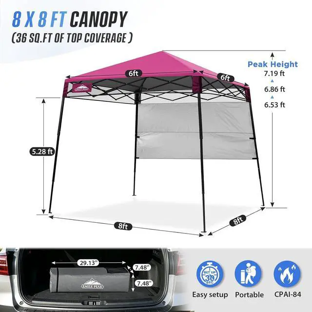 Alt view image 3 of 7 - 8x8 Pop Up Canopy Tent with Sidewall, Compact, Portable Slant Leg Instant Sun Shelter for Beach, Sports, & Camping, 8x8 Base 6x6 Top, Pink