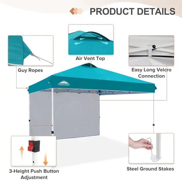 Alt view image 6 of 7 - Commercial Canopy 12x12 Pop Up Canopy Tent with 1 Sidewall, Easy Setup Heavy Duty Instant Event Shelter for Vendors & Markets, Outdoor Sun Shade, Turquoise