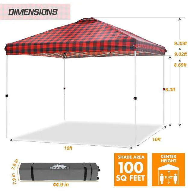 Alt view image 3 of 7 - Pop Up Canopy Tent with Wheeled Carry Bag, 8 Stakes, 4 Ropes, 4 Weight Bags, Easy Set Up Tent Canopy, 10x10 ft, 100sqft of Shade, Red Plaid
