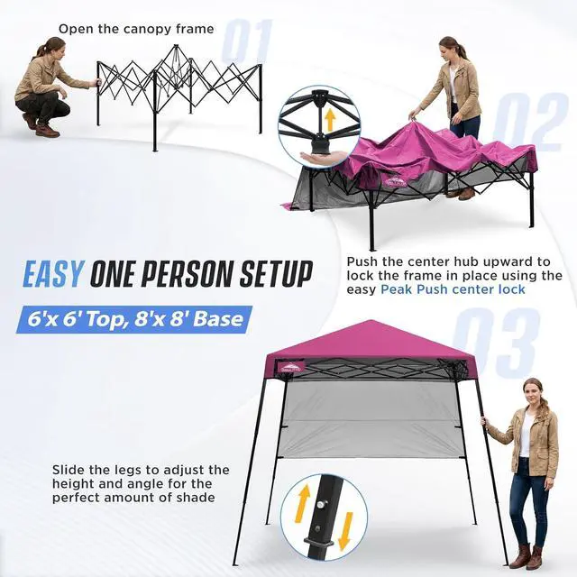 Alt view image 6 of 7 - 8x8 Pop Up Canopy Tent with Sidewall, Compact, Portable Slant Leg Instant Sun Shelter for Beach, Sports, & Camping, 8x8 Base 6x6 Top, Pink