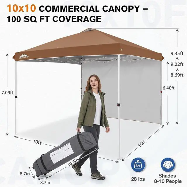 Alt view image 3 of 7 - Commercial Canopy 10x10 Pop Up Canopy Tent with 1 Sidewall, Easy Setup Heavy Duty Instant Event Shelter for Vendors & Markets, Outdoor Sun Shade, Khaki