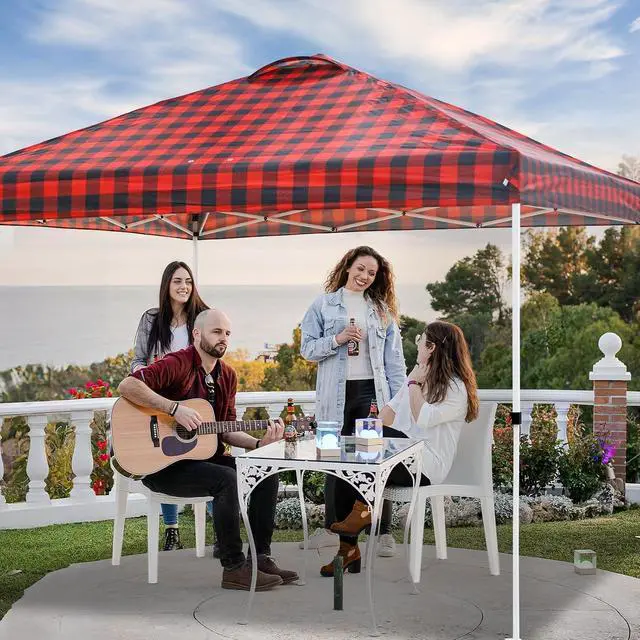 Alt view image 5 of 7 - Pop Up Canopy Tent with Wheeled Carry Bag, 8 Stakes, 4 Ropes, 4 Weight Bags, Easy Set Up Tent Canopy, 10x10 ft, 100sqft of Shade, Red Plaid