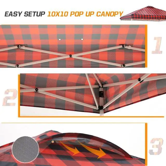 Alt view image 7 of 7 - Pop Up Canopy Tent with Wheeled Carry Bag, 8 Stakes, 4 Ropes, 4 Weight Bags, Easy Set Up Tent Canopy, 10x10 ft, 100sqft of Shade, Red Plaid