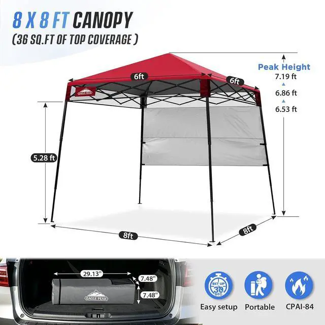 Alt view image 3 of 7 - 8x8 Pop Up Canopy Tent with Sidewall, Compact, Portable Slant Leg Instant Sun Shelter for Beach, Sports, & Camping, 8x8 Base 6x6 Top, Red