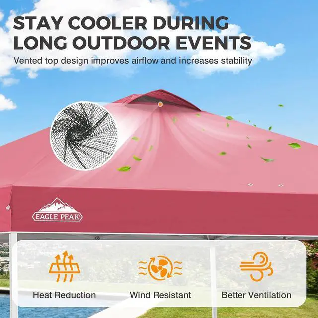 Alt view image 2 of 7 - Pop Up Canopy Tent with Wheeled Carry Bag, 8 Stakes, 4 Ropes, 4 Weight Bags, Easy Set Up Tent Canopy, 10x10 ft, 100sqft of Shade, Peach Pink