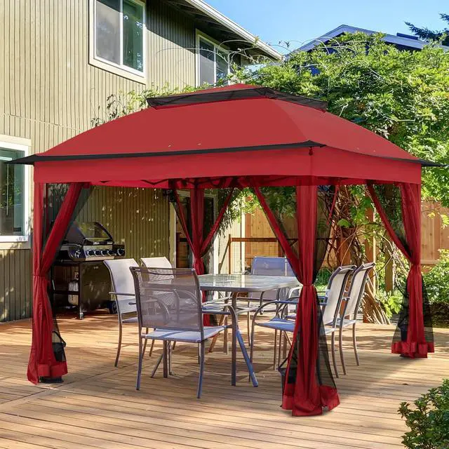 Alt view image 5 of 7 - 11x11 Pop Up Canopy Tent with Mosquito Netting Screen Tent, Auto Extending Eaves 169 Sq Ft of Shade, Easy One-Person Setup Screened Gazebo for Backyard and Patio, Red