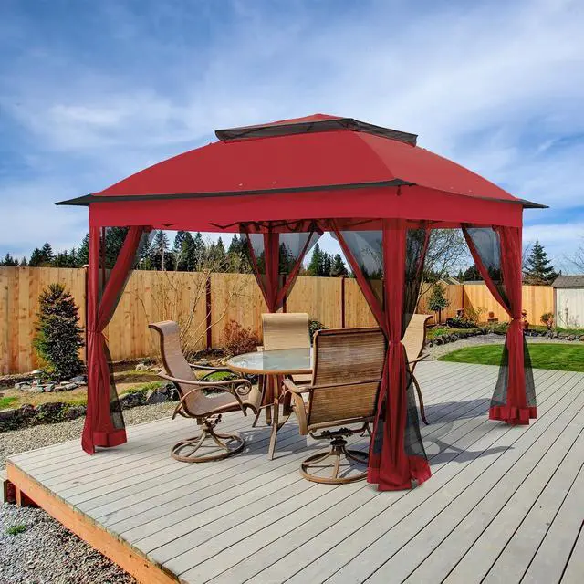 Alt view image 7 of 7 - 11x11 Pop Up Canopy Tent with Mosquito Netting Screen Tent, Auto Extending Eaves 169 Sq Ft of Shade, Easy One-Person Setup Screened Gazebo for Backyard and Patio, Red
