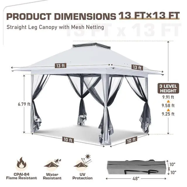 Alt view image 3 of 7 - 13x13 Pop Up Canopy Tent with Mosquito Netting Screen Tent, Auto Extending Eaves 169 Sq Ft of Shade, Easy One-Person Setup Screened Gazebo for Backyard and Patio, White