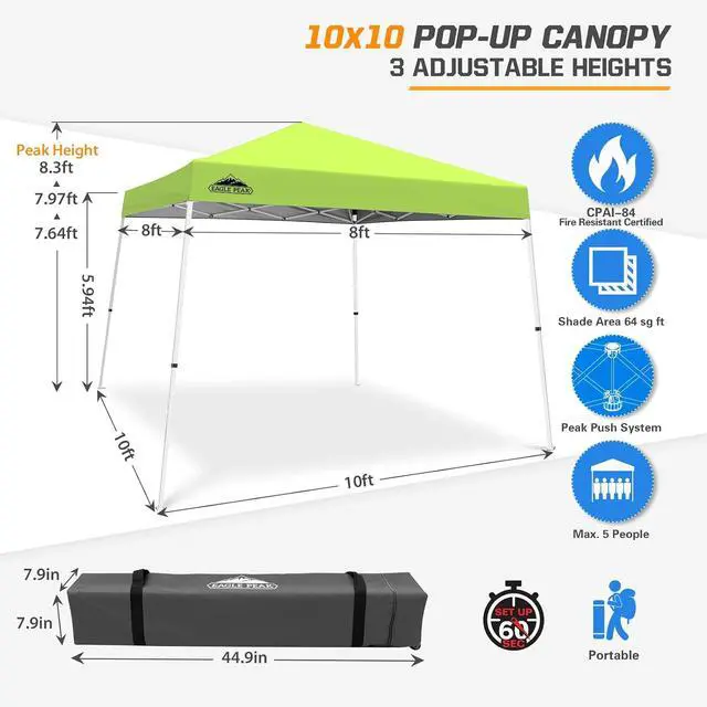 Alt view image 3 of 7 - 10x10 Slant Leg Pop-up Canopy Tent Easy One Person Setup Instant Outdoor Beach Canopy Folding Portable Sports Shelter 10x10 Base 8x8 Top (Neon Green)