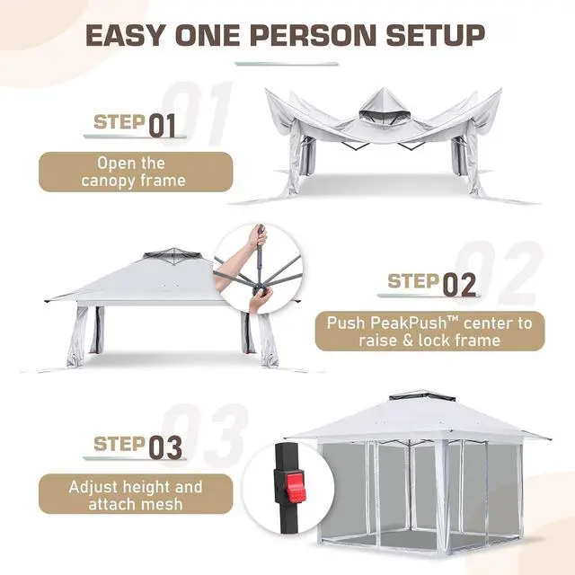 Alt view image 7 of 7 - 13x13 Pop Up Canopy Tent with Mosquito Netting Screen Tent, Auto Extending Eaves 169 Sq Ft of Shade, Easy One-Person Setup Screened Gazebo for Backyard and Patio, White