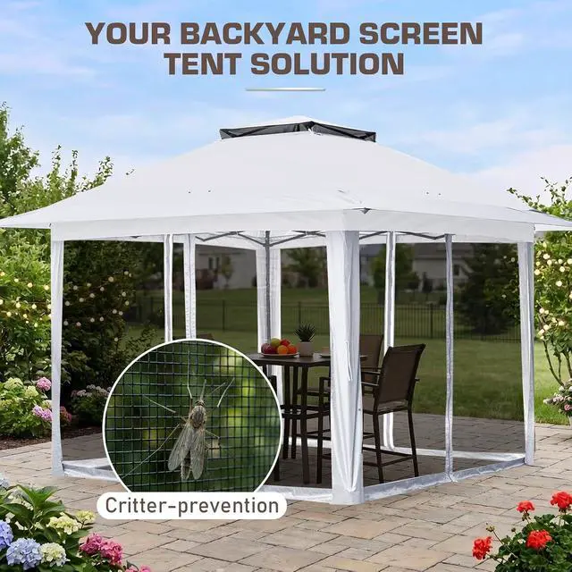 Alt view image 6 of 7 - 13x13 Pop Up Canopy Tent with Mosquito Netting Screen Tent, Auto Extending Eaves 169 Sq Ft of Shade, Easy One-Person Setup Screened Gazebo for Backyard and Patio, White