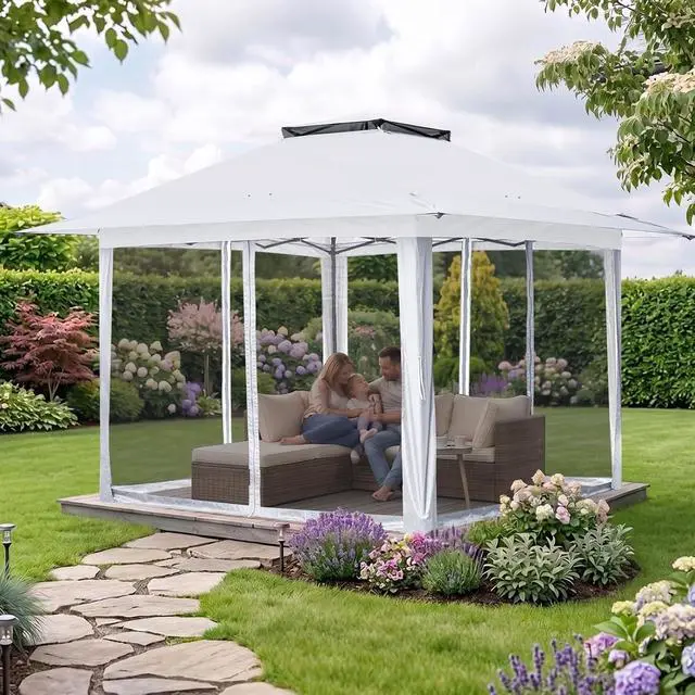 Alt view image 5 of 7 - 13x13 Pop Up Canopy Tent with Mosquito Netting Screen Tent, Auto Extending Eaves 169 Sq Ft of Shade, Easy One-Person Setup Screened Gazebo for Backyard and Patio, White