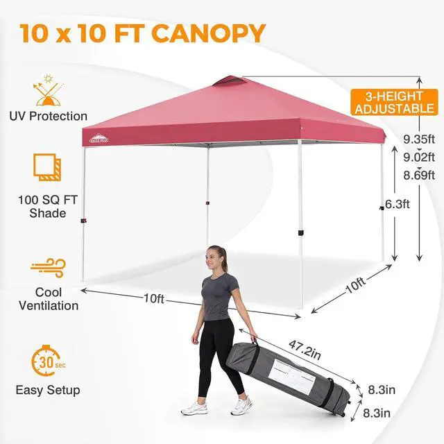 Alt view image 3 of 7 - Pop Up Canopy Tent with Wheeled Carry Bag, 8 Stakes, 4 Ropes, 4 Weight Bags, Easy Set Up Tent Canopy, 10x10 ft, 100sqft of Shade, Peach Pink