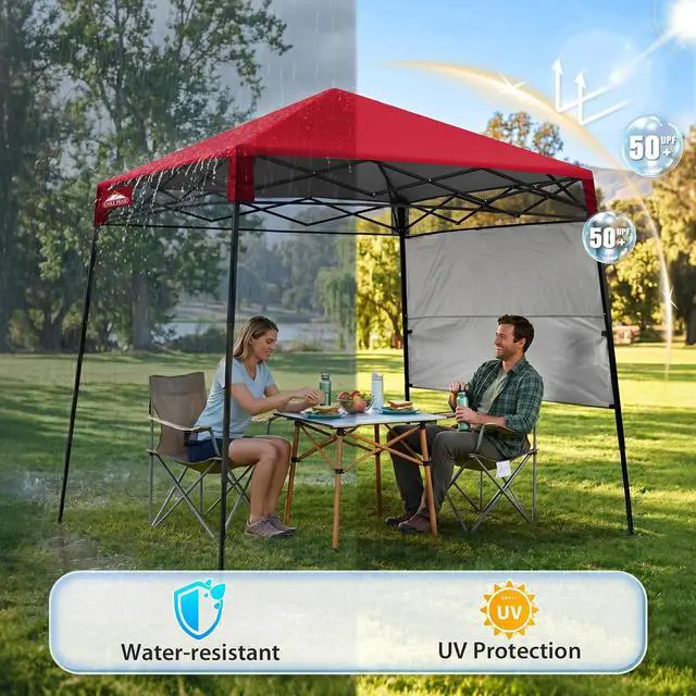 Alt view image 4 of 7 - 8x8 Pop Up Canopy Tent with Sidewall, Compact, Portable Slant Leg Instant Sun Shelter for Beach, Sports, & Camping, 8x8 Base 6x6 Top, Red