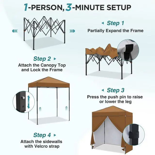 Alt view image 2 of 7 - 6x4 Instant Pop Up Canopy Tent with 4 Side Wall Panels, Straight Leg Sun Shelter, Portable Canopy with Carry Bag for Camping, Beach & Sports, Khaki