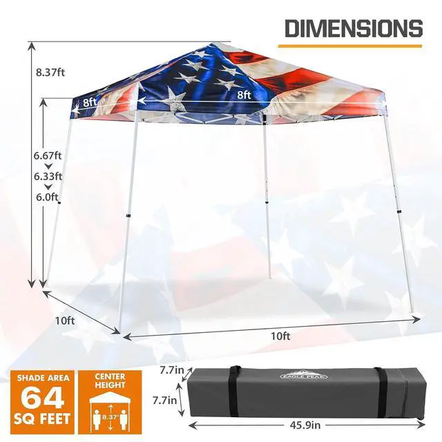 Alt view image 3 of 7 - 10x10 Slant Leg Pop-up Canopy Tent Easy One Person Setup Instant Outdoor Beach Canopy Folding Portable Sports Shelter 10x10 Base 8x8 Top (Stars and Stripes)