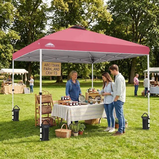 Alt view image 5 of 7 - Pop Up Canopy Tent with Wheeled Carry Bag, 8 Stakes, 4 Ropes, 4 Weight Bags, Easy Set Up Tent Canopy, 10x10 ft, 100sqft of Shade, Peach Pink
