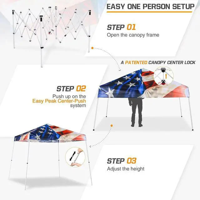 Alt view image 2 of 7 - 10x10 Slant Leg Pop-up Canopy Tent Easy One Person Setup Instant Outdoor Beach Canopy Folding Portable Sports Shelter 10x10 Base 8x8 Top (Stars and Stripes)