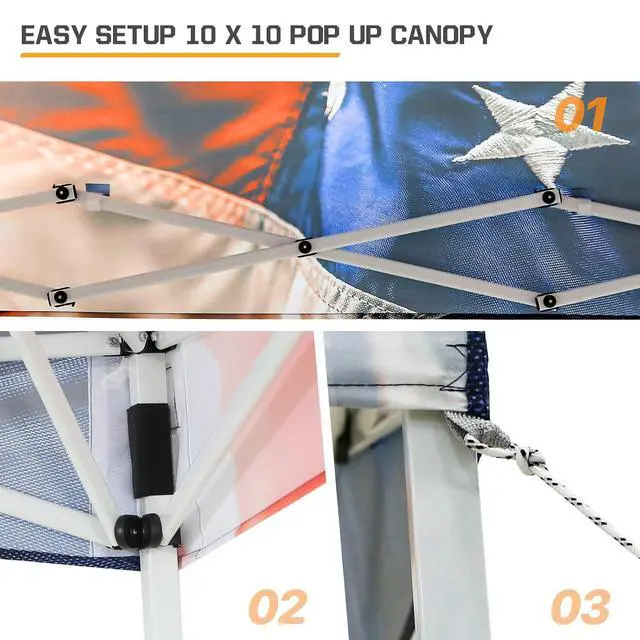 Alt view image 7 of 7 - 10x10 Slant Leg Pop-up Canopy Tent Easy One Person Setup Instant Outdoor Beach Canopy Folding Portable Sports Shelter 10x10 Base 8x8 Top (Stars and Stripes)