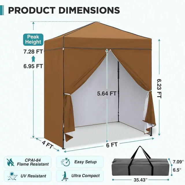 Alt view image 3 of 7 - 6x4 Instant Pop Up Canopy Tent with 4 Side Wall Panels, Straight Leg Sun Shelter, Portable Canopy with Carry Bag for Camping, Beach & Sports, Khaki