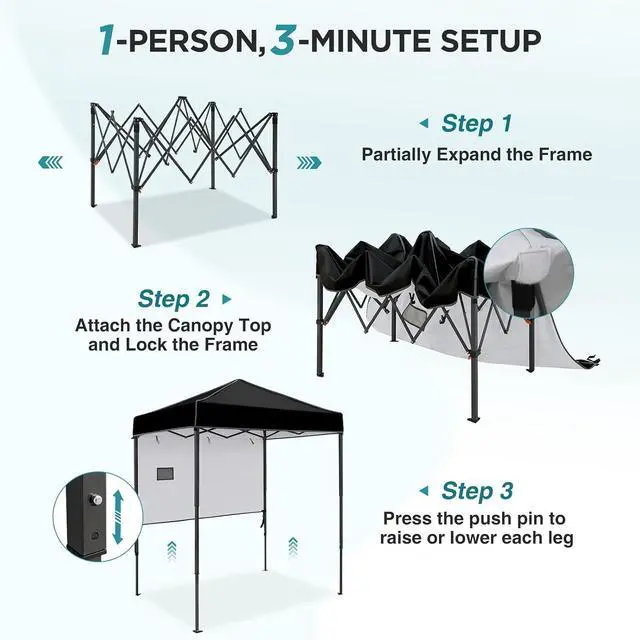 Alt view image 2 of 7 - 6x4 Instant Pop Up Canopy Tent with 1 Half Wall Panel, Straight Leg Sun Shelter, Portable Canopy with Carry Bag for Camping, Beach & Sports, Black