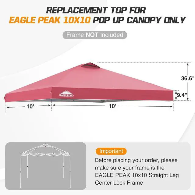 Alt view image 2 of 7 - Replacement Canopy Top for Eagle Peak 10x10 Straight Leg Pop Up Canopy Frame Only, Canopy Cover with Air Vent, UPF 50+, Frame NOT Included, Peach Pink