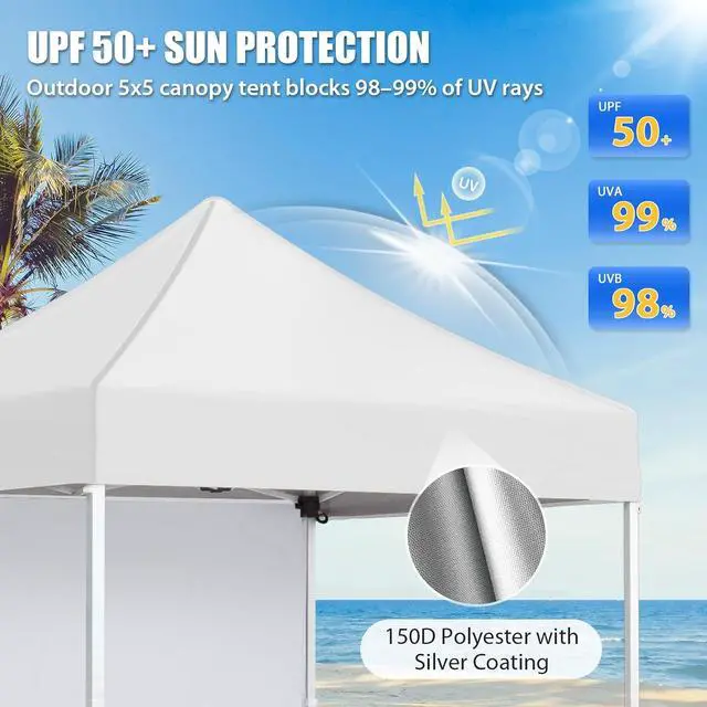 Alt view image 2 of 7 - Pop up Canopy 5x5, Outdoor Portable Canopy Tent with One Removable Sunwall, Carry Bag Included, White