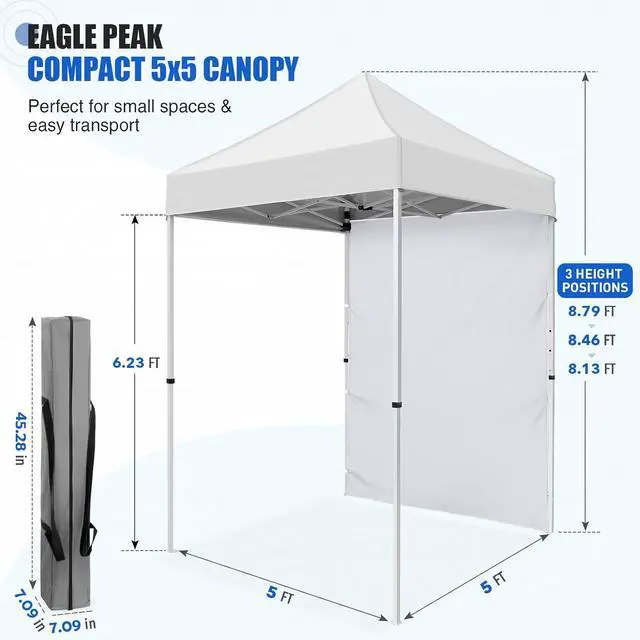 Alt view image 3 of 7 - Pop up Canopy 5x5, Outdoor Portable Canopy Tent with One Removable Sunwall, Carry Bag Included, White