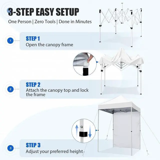 Alt view image 7 of 7 - Pop up Canopy 5x5, Outdoor Portable Canopy Tent with One Removable Sunwall, Carry Bag Included, White