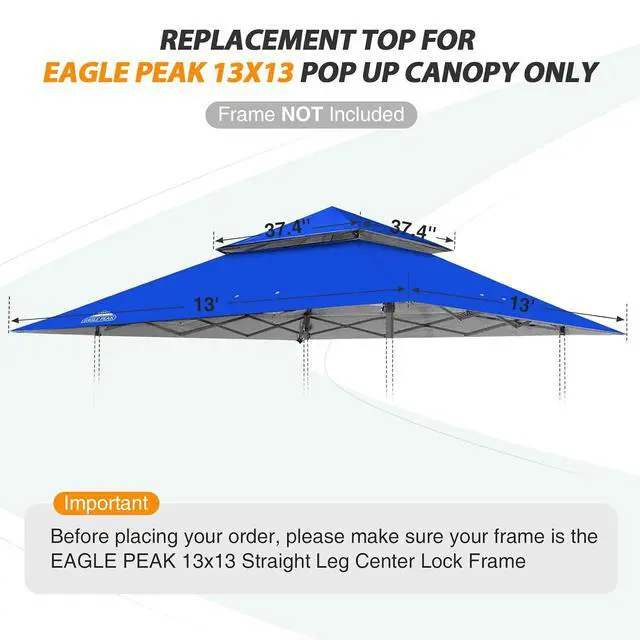 Alt view image 3 of 7 - Replacement Canopy Top for Eagle Peak 13x13 Straight Leg Pop Up Canopy Frame Only, Canopy Cover with Two Tier Air Vent, UPF 50+, Frame NOT Included, Blue