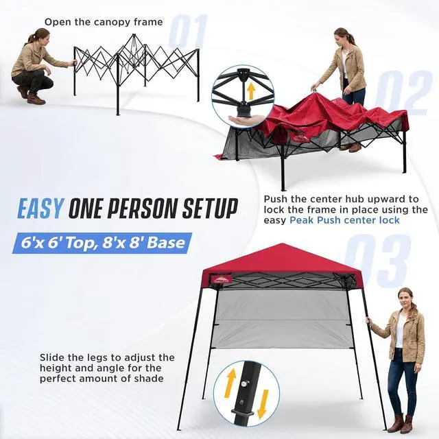 Alt view image 6 of 7 - 8x8 Pop Up Canopy Tent with Sidewall, Compact, Portable Slant Leg Instant Sun Shelter for Beach, Sports, & Camping, 8x8 Base 6x6 Top, Red