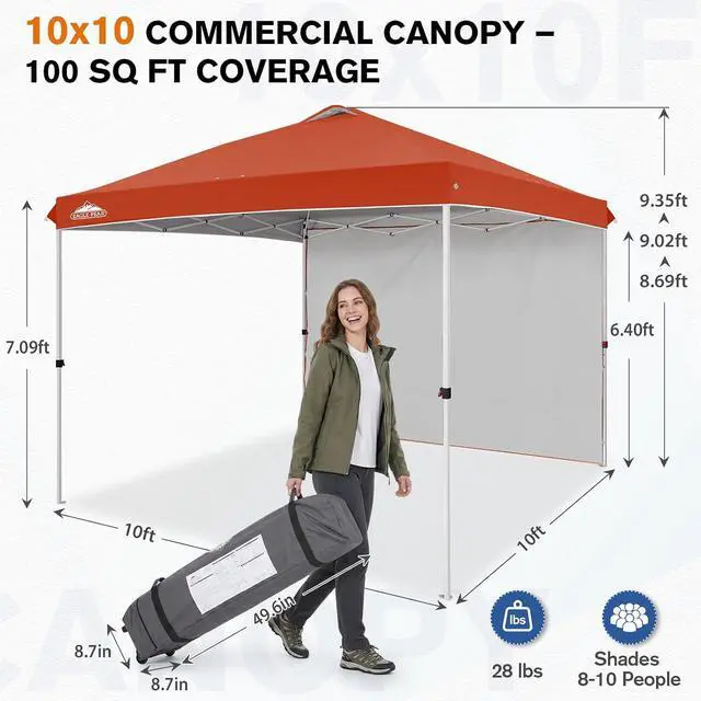 Alt view image 3 of 7 - Commercial Canopy 10x10 Pop Up Canopy Tent with 1 Sidewall, Easy Setup Heavy Duty Instant Event Shelter for Vendors & Markets, Outdoor Sun Shade, Brick Red