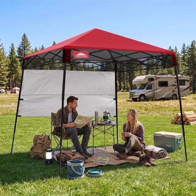 Alt view image 5 of 7 - 8x8 Pop Up Canopy Tent with Sidewall, Compact, Portable Slant Leg Instant Sun Shelter for Beach, Sports, & Camping, 8x8 Base 6x6 Top, Red