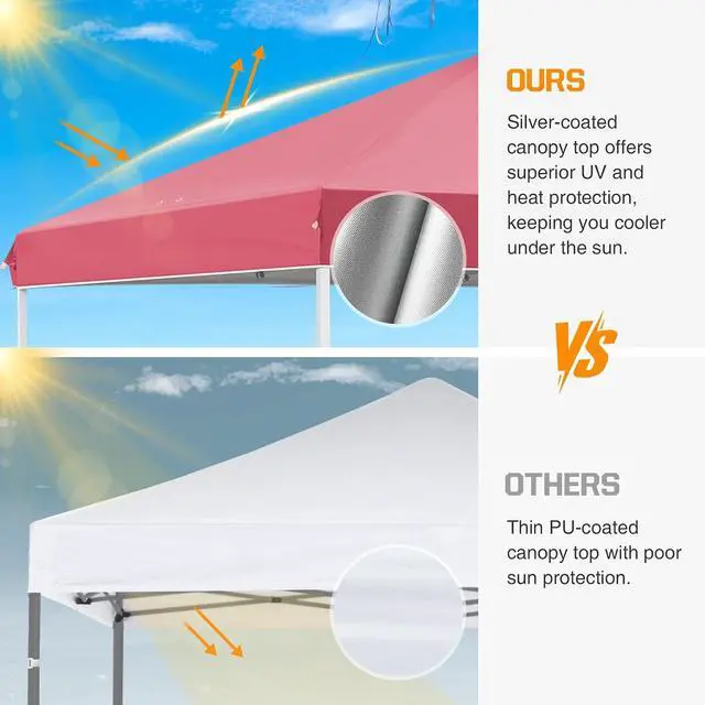 Alt view image 7 of 7 - Pop Up Canopy Tent with Wheeled Carry Bag, 8 Stakes, 4 Ropes, 4 Weight Bags, Easy Set Up Tent Canopy, 10x10 ft, 100sqft of Shade, Peach Pink