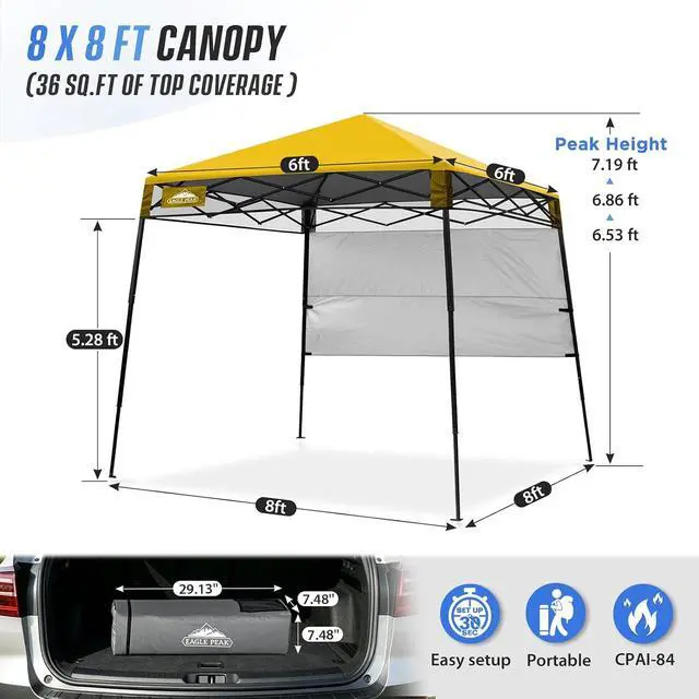 Alt view image 3 of 7 - 8x8 Pop Up Canopy Tent with Sidewall, Compact, Portable Slant Leg Instant Sun Shelter for Beach, Sports, & Camping, 8x8 Base 6x6 Top, Yellow