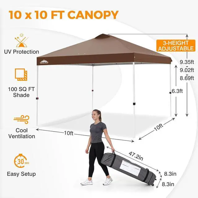 Alt view image 3 of 7 - Pop Up Canopy Tent with Wheeled Carry Bag, 8 Stakes, 4 Ropes, 4 Weight Bags, Easy Set Up Tent Canopy, 10x10 ft, 100sqft of Shade, Dark Brown
