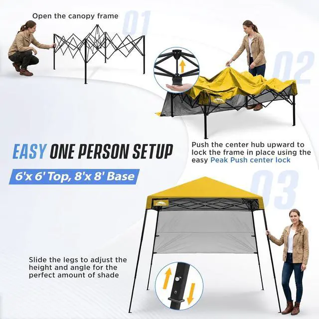 Alt view image 6 of 7 - 8x8 Pop Up Canopy Tent with Sidewall, Compact, Portable Slant Leg Instant Sun Shelter for Beach, Sports, & Camping, 8x8 Base 6x6 Top, Yellow