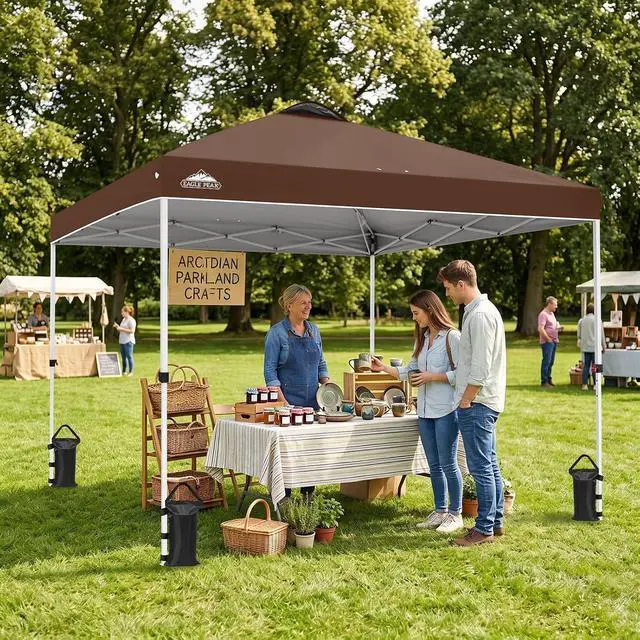 Alt view image 5 of 7 - Pop Up Canopy Tent with Wheeled Carry Bag, 8 Stakes, 4 Ropes, 4 Weight Bags, Easy Set Up Tent Canopy, 10x10 ft, 100sqft of Shade, Dark Brown