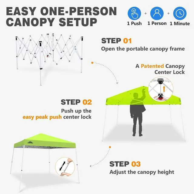 Alt view image 6 of 7 - 10x10 Slant Leg Pop-up Canopy Tent Easy One Person Setup Instant Outdoor Beach Canopy Folding Portable Sports Shelter 10x10 Base 8x8 Top (Neon Green)