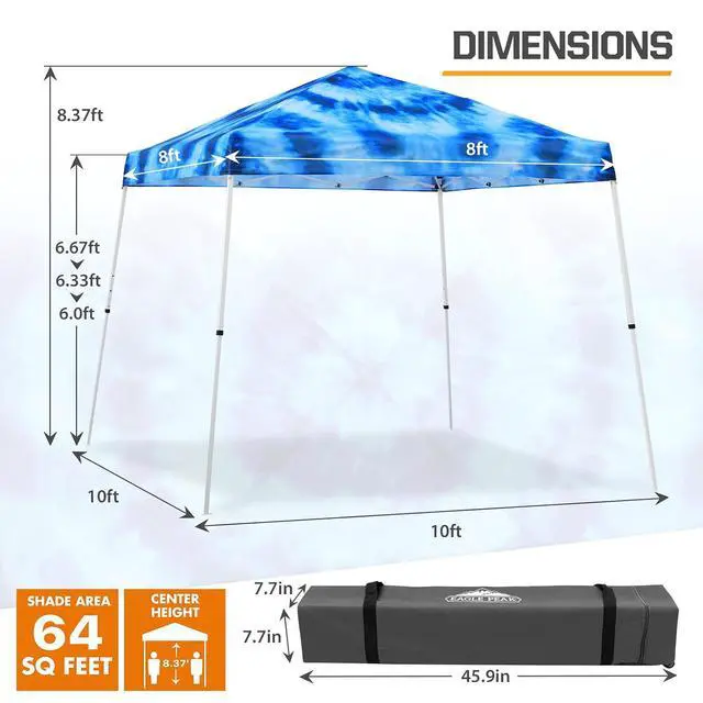 Alt view image 3 of 7 - 10x10 Slant Leg Pop-up Canopy Tent Easy One Person Setup Instant Outdoor Beach Canopy Folding Portable Sports Shelter 10x10 Base 8x8 Top (Tie Dye Blue)