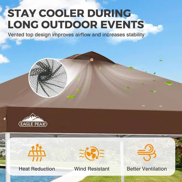 Alt view image 2 of 7 - Pop Up Canopy Tent with Wheeled Carry Bag, 8 Stakes, 4 Ropes, 4 Weight Bags, Easy Set Up Tent Canopy, 10x10 ft, 100sqft of Shade, Dark Brown