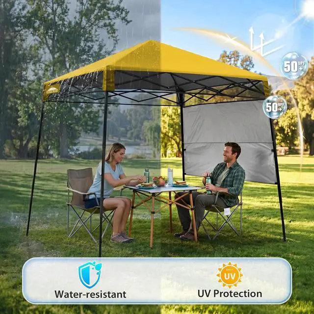 Alt view image 4 of 7 - 8x8 Pop Up Canopy Tent with Sidewall, Compact, Portable Slant Leg Instant Sun Shelter for Beach, Sports, & Camping, 8x8 Base 6x6 Top, Yellow